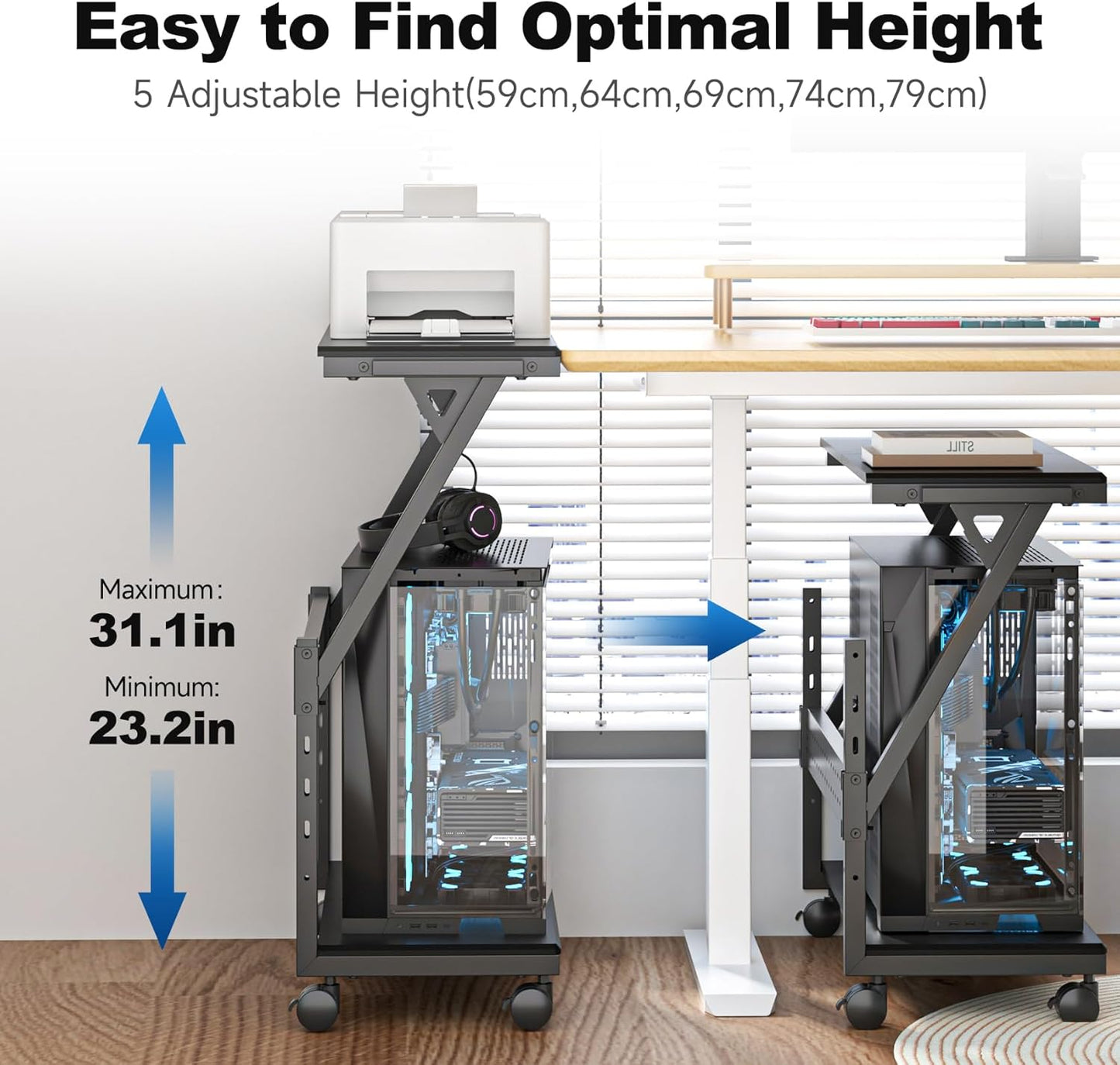 Suptek Computer Tower Stand,Height Adjustable PC Tower Stand/Cart with Wheels, Mobile Rolling CPU Holder, Computer Cart Side Stand for Computer Desk,23.22"-31.10"Hx29.13" Lx13.77" W, Black