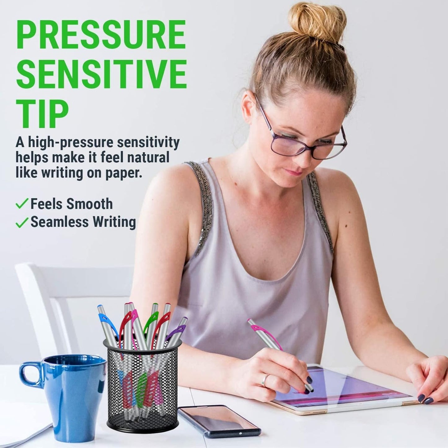 2 in 1 Capacitive Stylus & Ballpoint Pen Comfort Grip for Any Touchscreen Device, iPad, iPhone 6,6 Plus, iPod, Android, Galaxy, Dell, Note, Samsung (Silver-5 Pack)