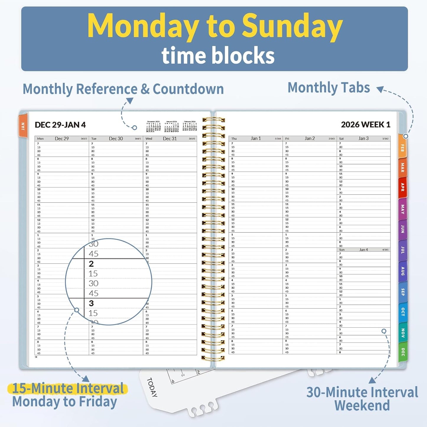 SUNEE 2026 Appointment Book, Quarter-Hourly, Weekly & Monthly - from January 2026 - December 2026, 8.5"x11" Weekly Planner, Flexible Cover, Note Pages, Pockets, Bookmark, Spiral Binding, Gray Blue