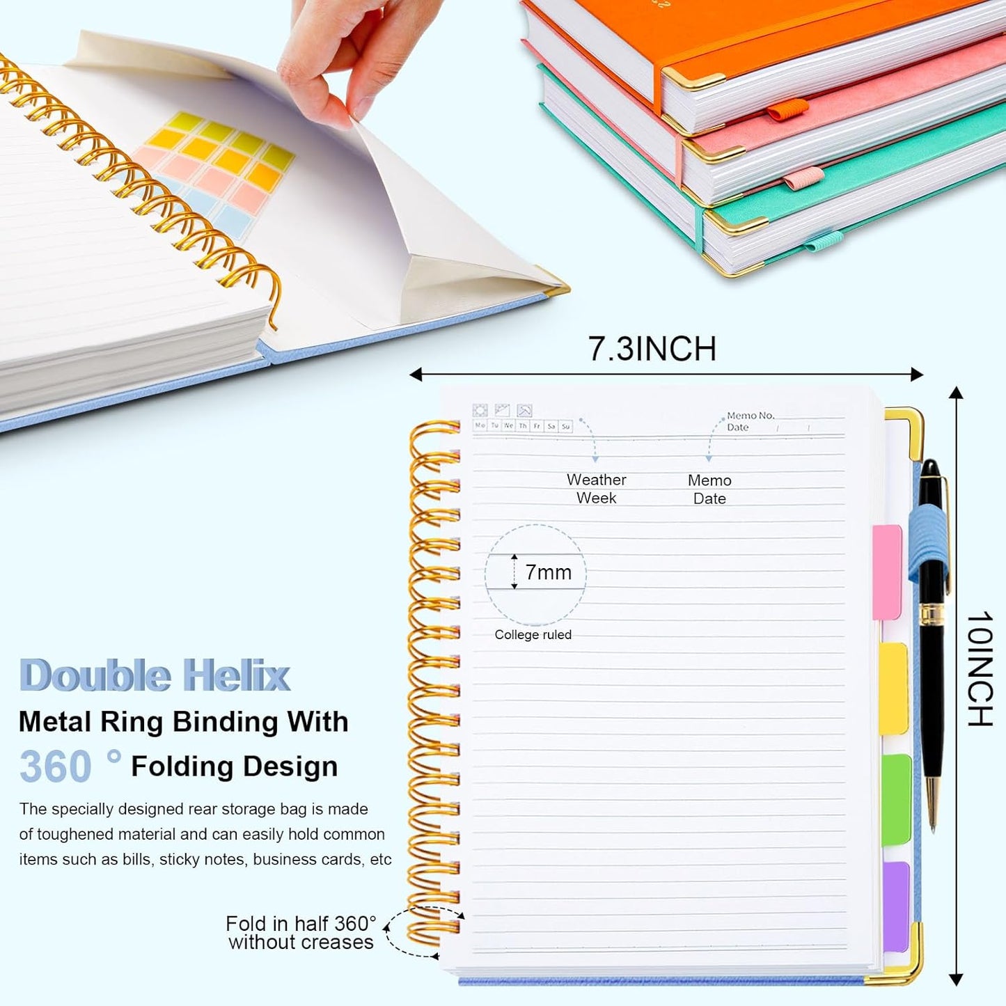 Hardcover Spiral Notebook 8"x10" Journal Notebook with Tabs and Removable Dividers 300 Pages 5 Subject Notebook College Ruled, Faux Leather Spiral Bound Notebook for Women, Students, School Work (Lake Blue)