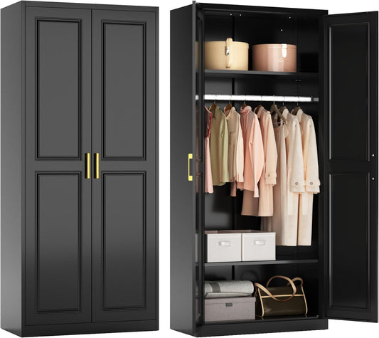 Metal Armoire Wardrobe Closet with Hanging Rod, 71" Tall Wardrobe Cabinet for Clothes, Black Clothing Storage Cabinet with Doors and Shelves, Large Wardrobes for Bedroom-Assemble Required