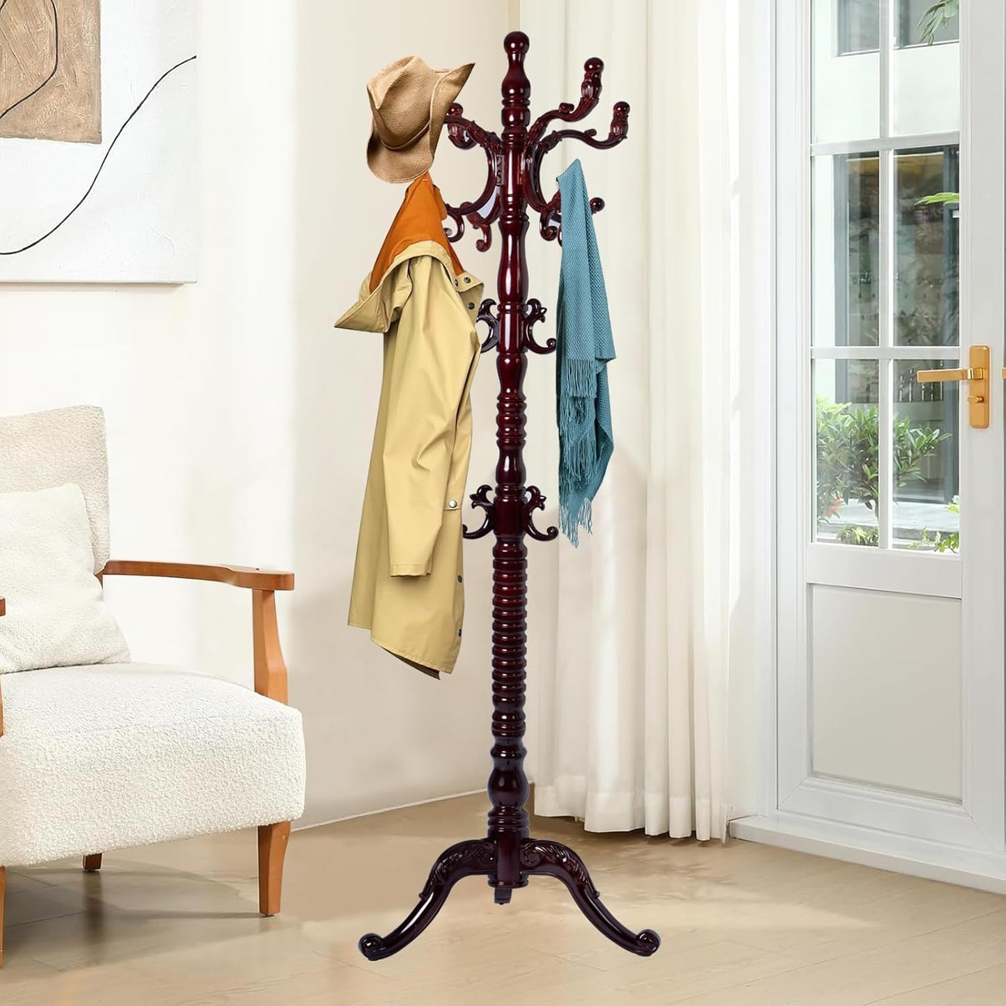 Wood Coat Rack Freestanding, Natural Coats Tree Stand with 14 Hooks, 73" Sturdy and Easy Assembly Coat Rack Stand for Entryway, Hallway, Bedroom, Bags, Hats (Tri-legged Base, Rosewood)
