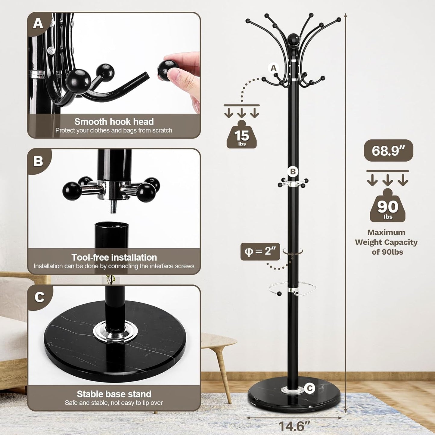 Coat Rack Freestanding with Marble Base, Heavy Duty Clothes Tree with Hooks and Umbrella Storage, Metal Hall Holder for Hanging Jacket, Hats, Scarf, Bag, Suitable for Entryway,Bedroom