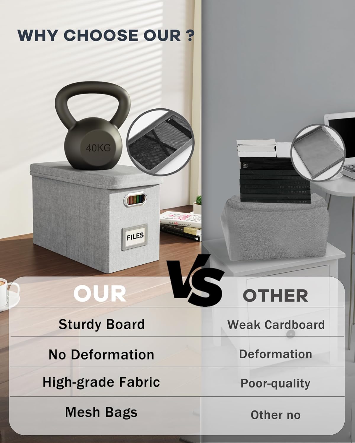 Oterri Hanging Filing File Box with Mesh Pocket, File Organizer Box with Lid, Collapsible Document Organizer Box for Letter Size, Easy Slide Durable Storage Box for Office/Decor/Home (2 PCS, Grey)