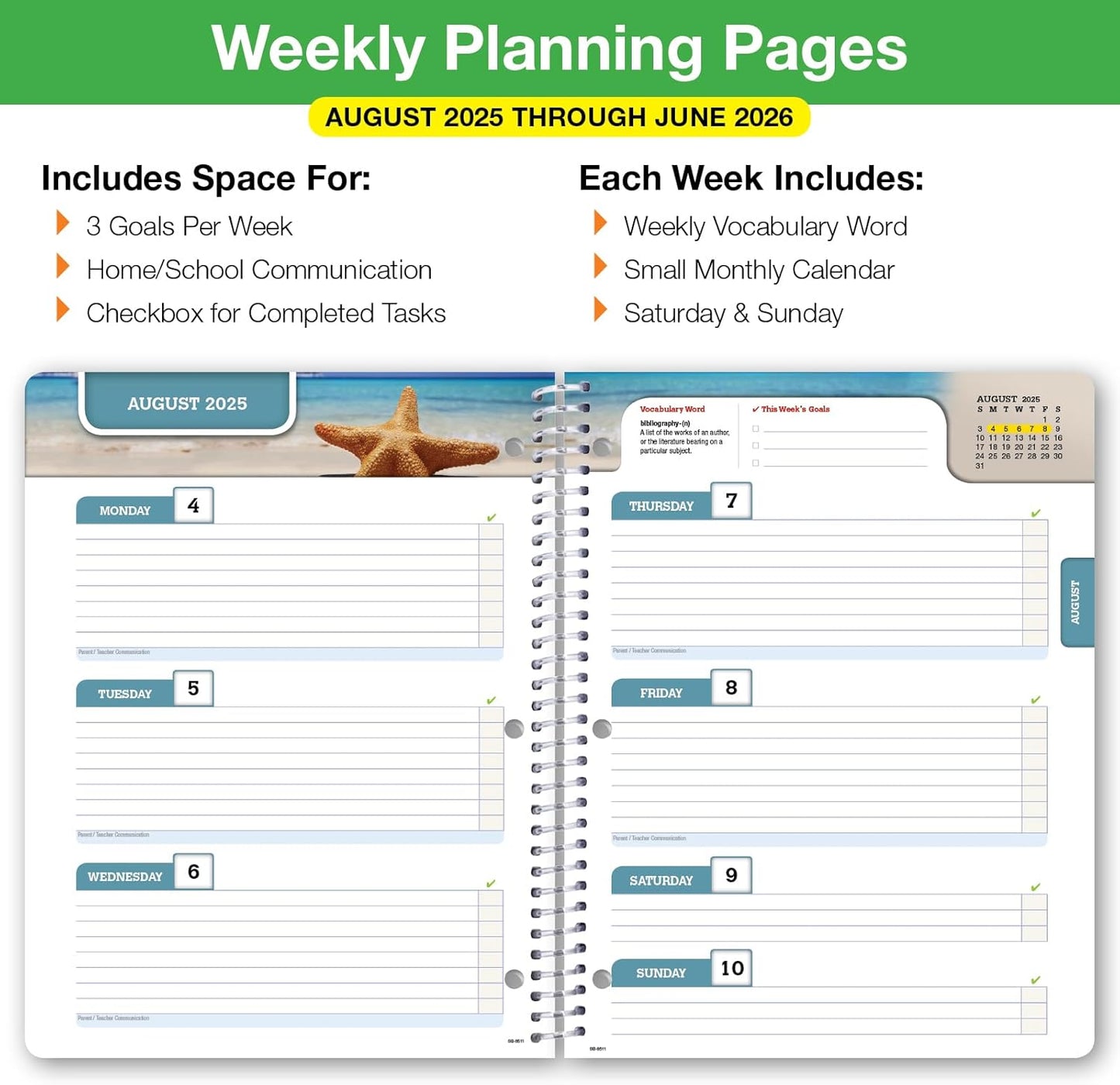 Global Datebooks Dated Middle School or High School Student Planner for Academic Year 2025-2026 Includes Ruler/Bookmark and Planning Stickers (Block Style - 8.5"x11" - Doodles)