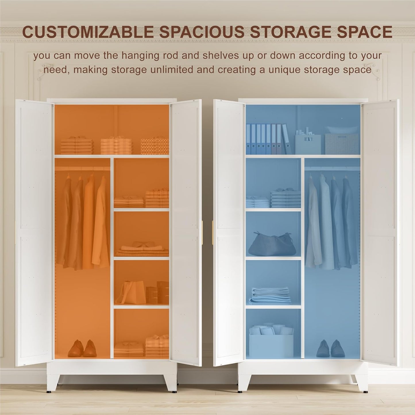 71" Tall Metal Wardrobe Closet with Adjustable Shelves and Hanging Rod, 2 Doors Office Storage Locker Cabinet for Home, Office, Bedroom, Laundry Room, White