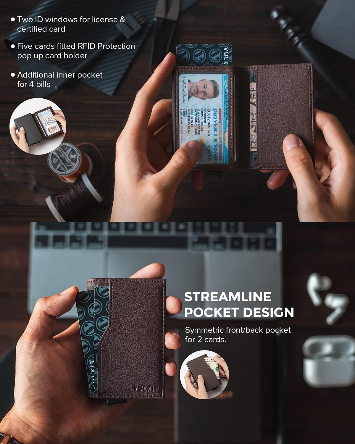 VULKIT Card Holder Wallet with Double ID Windows RFID Blocking Pop Up Wallet Minimalist Design for 12 Cards