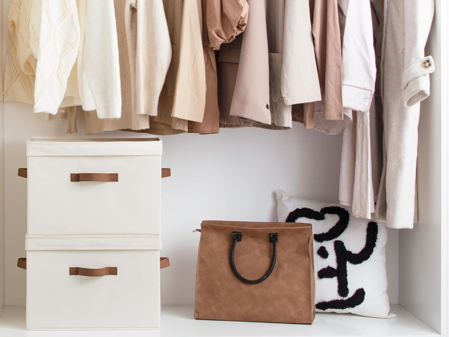 StorageWorks Fabric Storage Bins with Lid, Decorative Storage Boxes for Shelves, Stackable Closet Organizer Basket with Handles, Large, Ivory White, 2-Pack