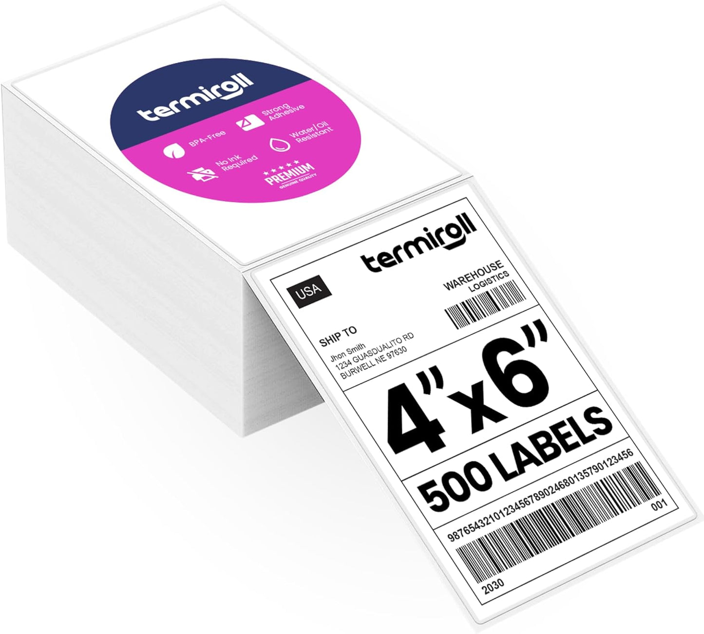 4x6 Direct Thermal Shipping Labels – 500 Fanfold Labels Perforated – Compatible with Rollo, Zebra, iDPRT & More – Strong Adhesive - BPA-Free – Mailing & Barcode Labels for Small Business by TERMIROLL