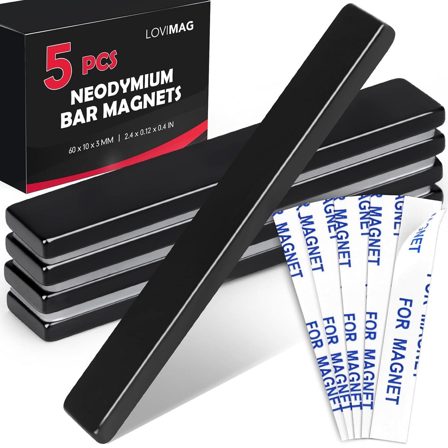 LOVIMAG Rare Earth Bar Magnets, Black Waterproof Strong Neodymium Magnets with Epoxy Coating and Double- Sided Adhesive for Fridge, Scientific, Shower Door, Office Etc, 60 x 10 x 3 mm, Pack of 5