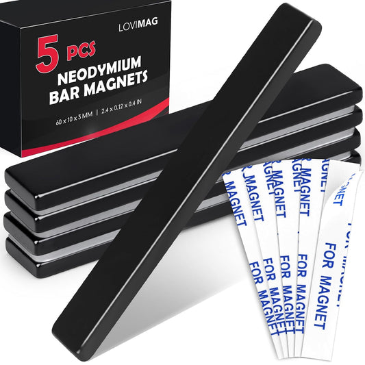 LOVIMAG Rare Earth Bar Magnets, Black Waterproof Strong Neodymium Magnets with Epoxy Coating and Double- Sided Adhesive for Fridge, Scientific, Shower Door, Office Etc, 60 x 10 x 3 mm, Pack of 5