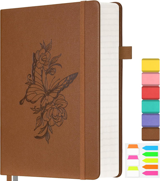 Lined Notebook Journal for Women, 312 Numbered Pages A5 Thick Leather Journal, 100gsm Paper Daily Journal for Work Travel, Hardcover College Ruled Notebook, Giftable Butterfly Floral Notebook, Brown