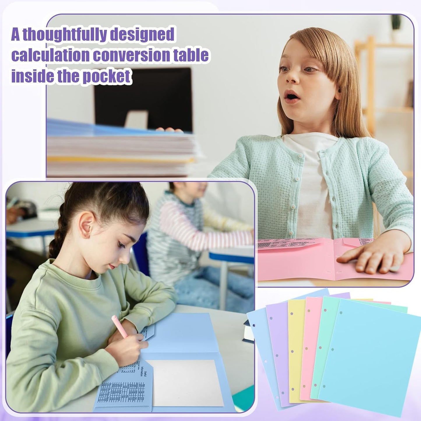 Yeaqee Plastic Folders with Pockets Bulk 3 Hole Punched 2 Pocket File Folders for 3 Ring Binder Divider Folder for Notebooks, Durable Poly for Office Home(Pastel Color)