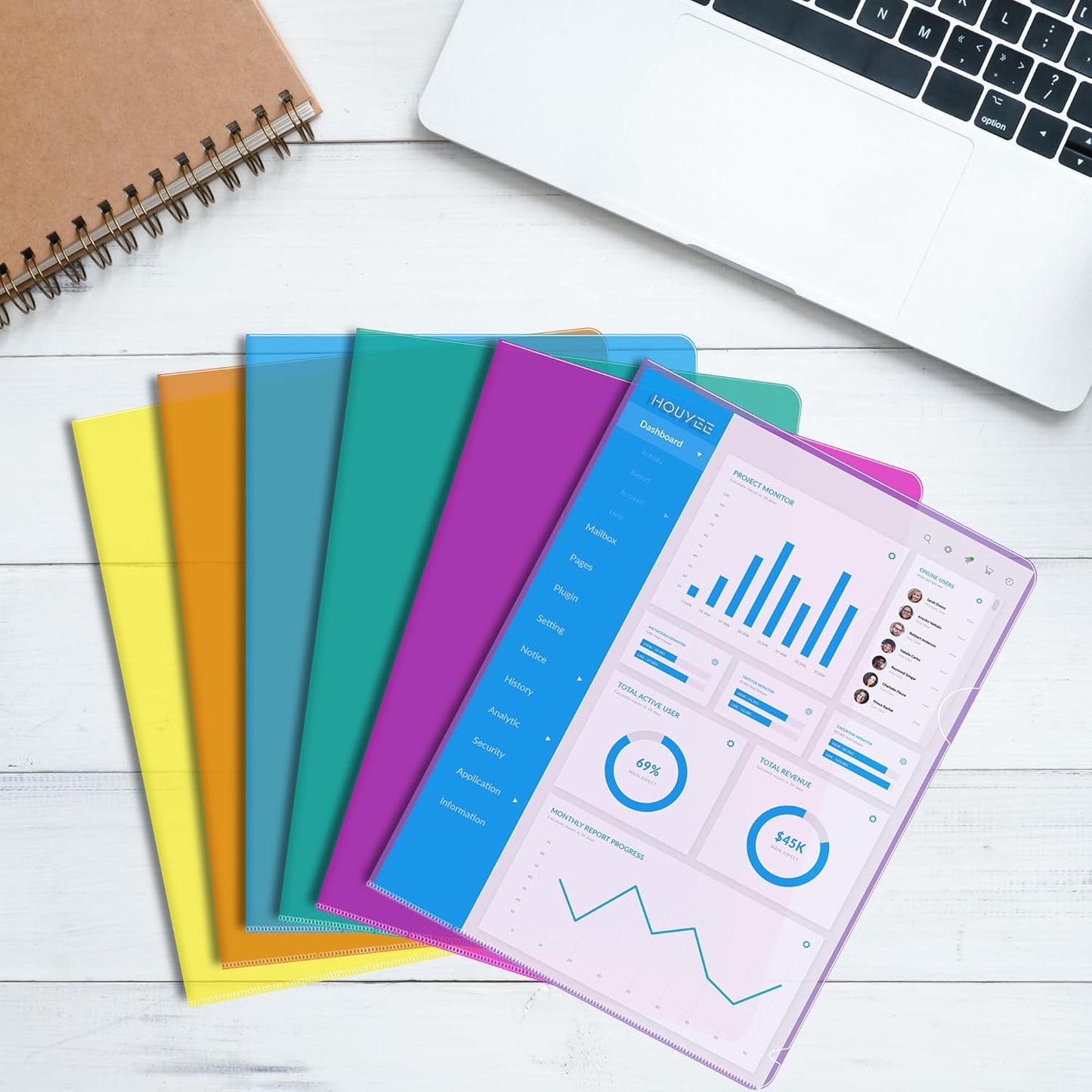 HOUYEE 12 Pack Clear Document Folder, Plastic Paper Sleeve Fit for Letter Size Paper, for Home, Office, and School Use(6 Assorted Colors)