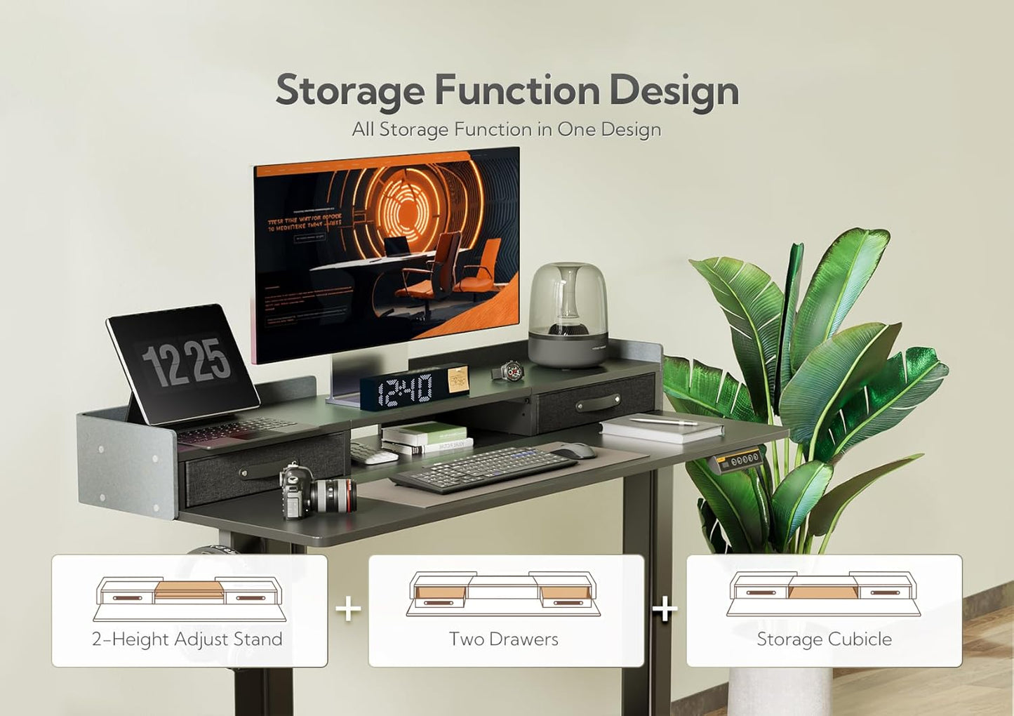 Claiks Standing Desk with Drawers, Adjustable Stand Up Electric Small Standing Desk Adjustable Height with Storage Shelf and Splice Board, 40 Inch, Black