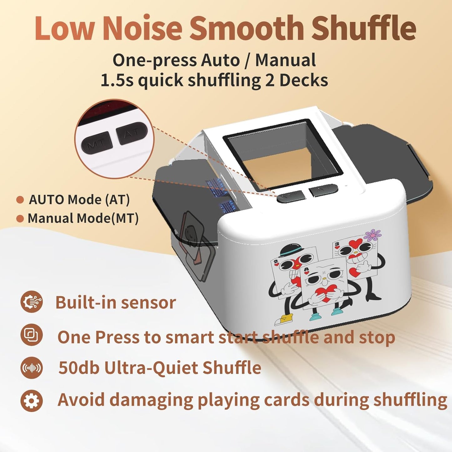 Rechargeable Automatic Card Shuffler 2 Decks, 2000 mAh Built in Battery USB-C Charge, Low Noise Fast Shuffler, Smart Auto Shuffler for UNO Poker Skip-Bo Canasta Texas Hold'em Skyjo