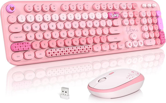 Wireless Keyboard and Mouse, Typewriter Full Size Keyboard with Number Pad and 2 in 1 USB Connected Mouse for Windows 7/8/10, Laptop, Desktop, PC, Computer (Pink Colorful)