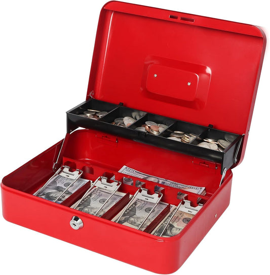 Jssmst Cash Box with Money Tray and Lock -Red Cash Box with Key Lock Safe Money Box Large, Locking Cash Register Drawer Box for Money, 11.8'' x 9.5'' x 3.5'', SM-CB005RED