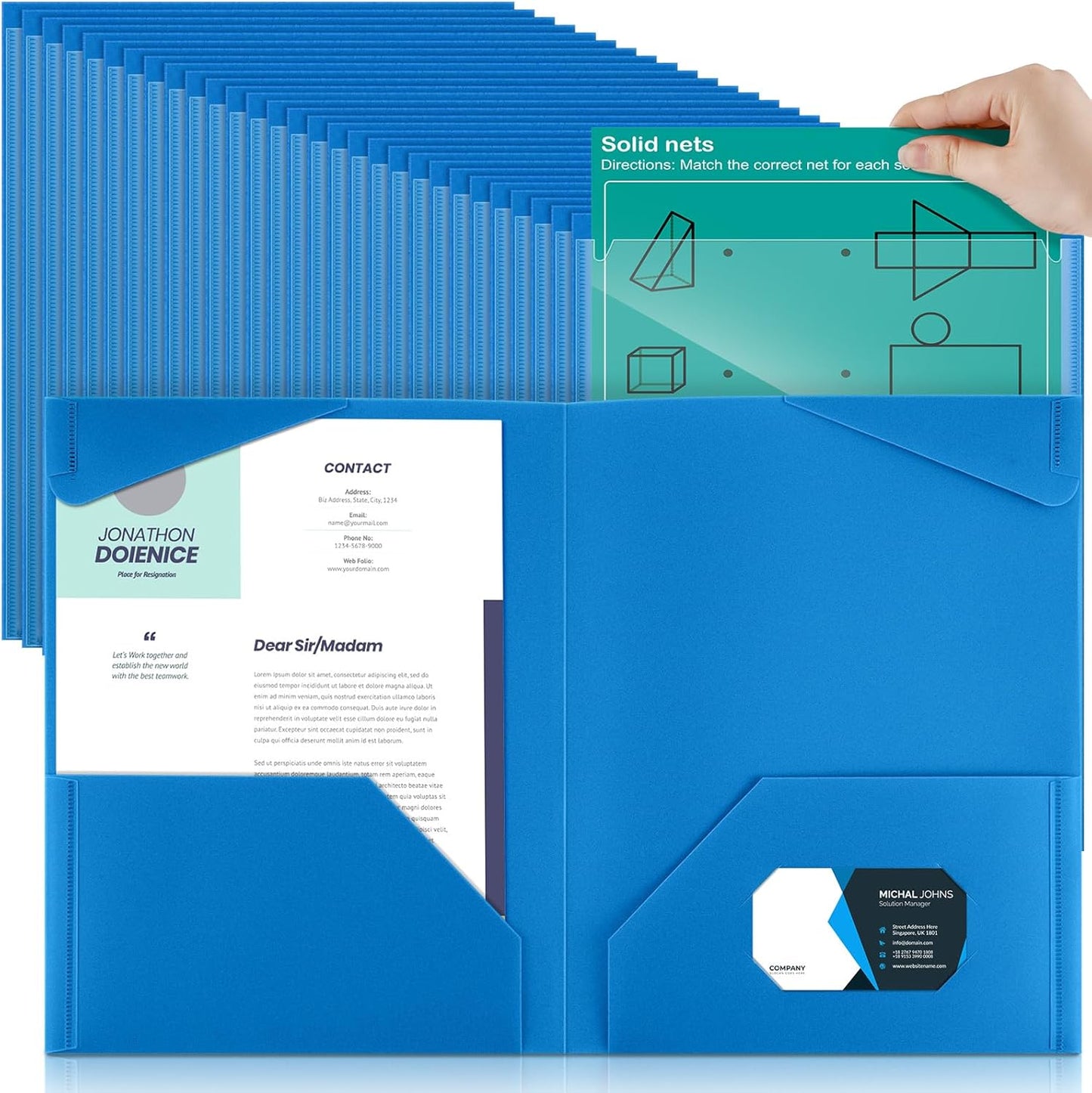 Henoyso 200 Pcs Plastic Folders with Clear Front Pockets Bulk Heavy Duty File Folders with 2 Pockets and Card Slot for Student Teacher Back to School Supplies Office Presentation (Blue)
