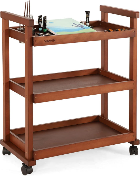 VISWIN Art Cart Organizer, Solid Beechwood Art Supply Storage Organizer with Caster Wheels, 3-Tier Multifunctional Rolling Utility Storage Cart for Studio, Classroom, Artists - Walnut