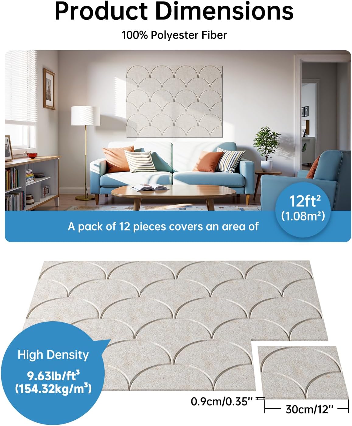 Soundsbay 12-Pack Acoustic Panels Self-Adhesive, 10.6lb/ft³ Large Shell Soundproof Wall Panels, 12" X 12" Acoustic Wall Panels for Door, Ceiling, Home Office, Beige