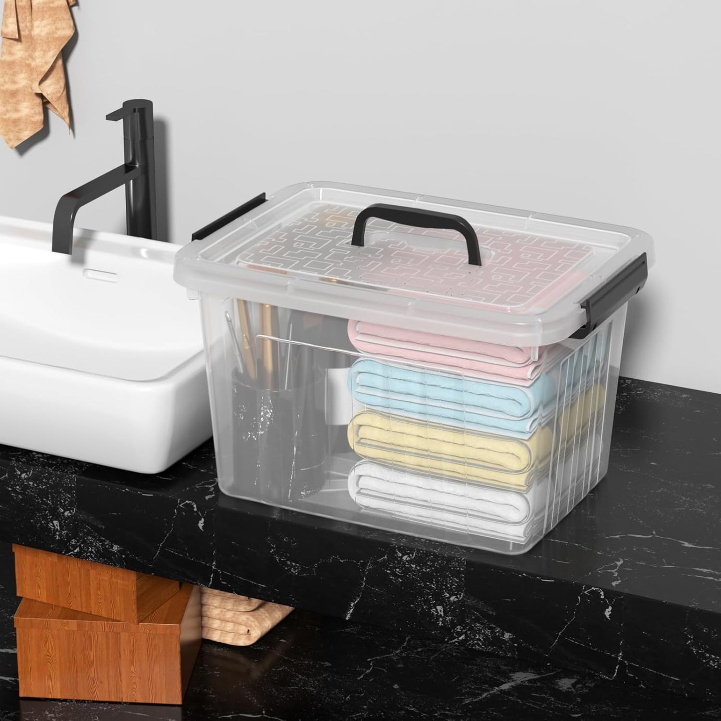 Set of 4 Storage Bins with Latch Lids, Clear Plastic Storage Box with Handle, 18 L