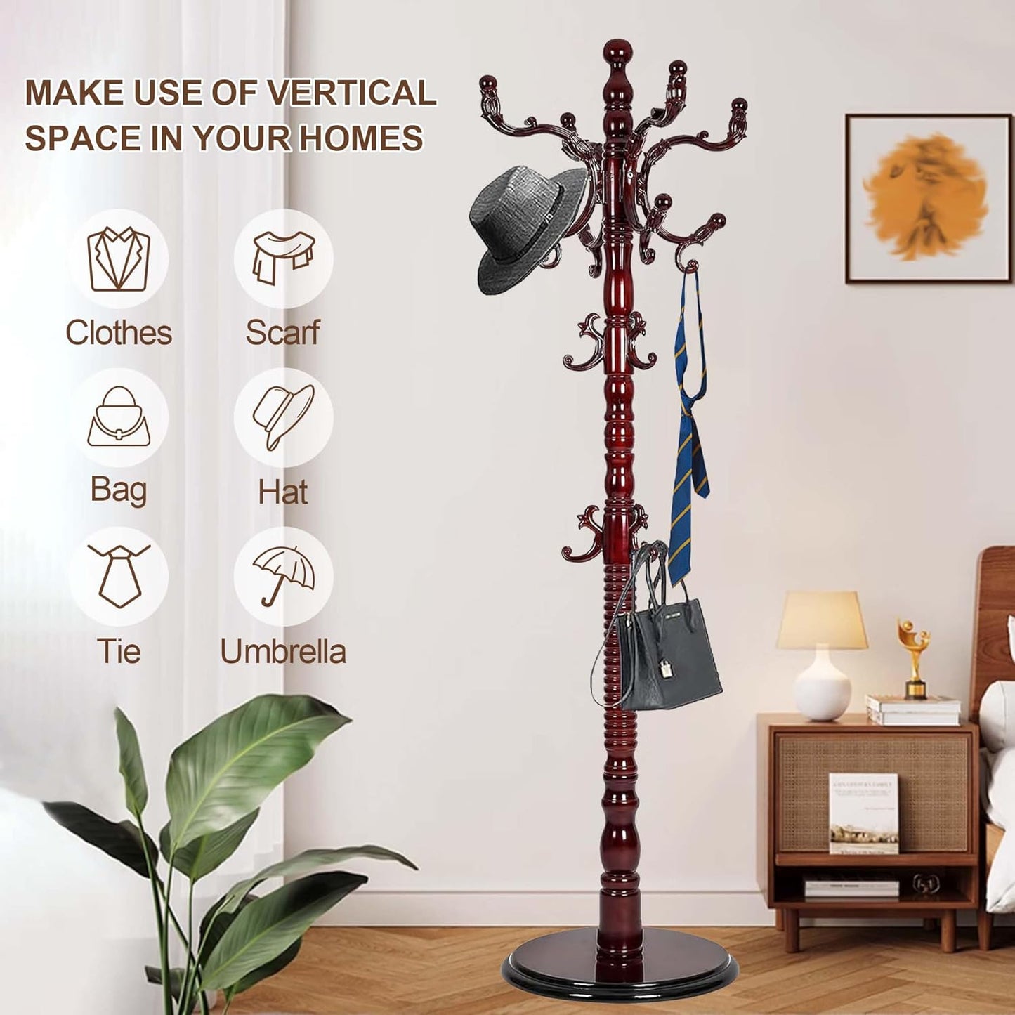 Solid Wood Coat Rack Stand with 18 Hooks, Vintage Coat Rack Freestanding with Heavy Duty Base, 3 Adjustable Height Coat Hanger Stand Hall Tree Fits Entryway Bedroom Office for Coat,Bag,Hat