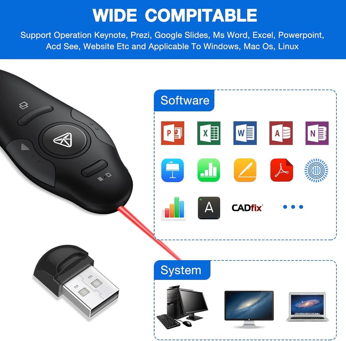 Rechargeable Presentation Clicker Wireless Presenter Remote USB Control Powerpoint PPT Clicker, Red Laser Pointer RF 2.4GHz Presenter Remote Slide Advancer for Computer/Laptop/Mac/Keynote
