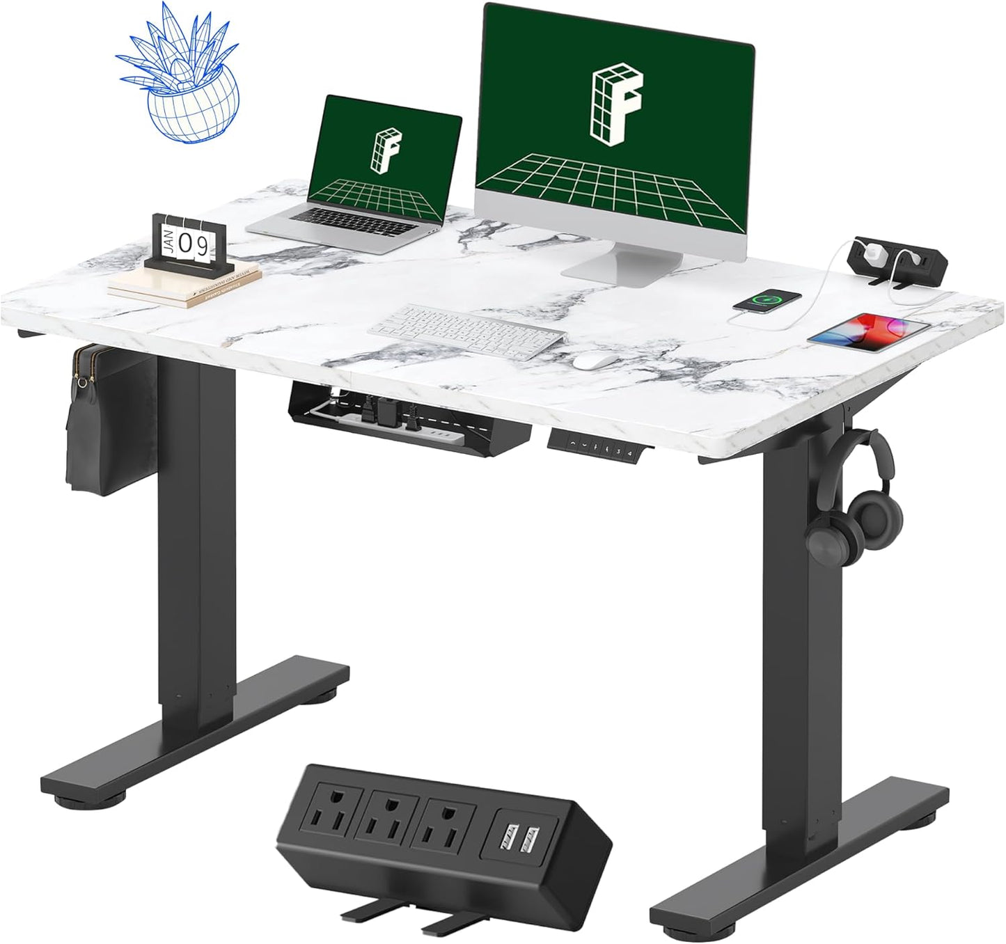 FLEXISPOT EN2 Whole-Piece Standing Desk with Clamp Power Strip, 48 x 30 Electric Stand Up Height Adjustable Desk with Cable Management (Black Frame + 48" Marble Gray, 2 Packages)