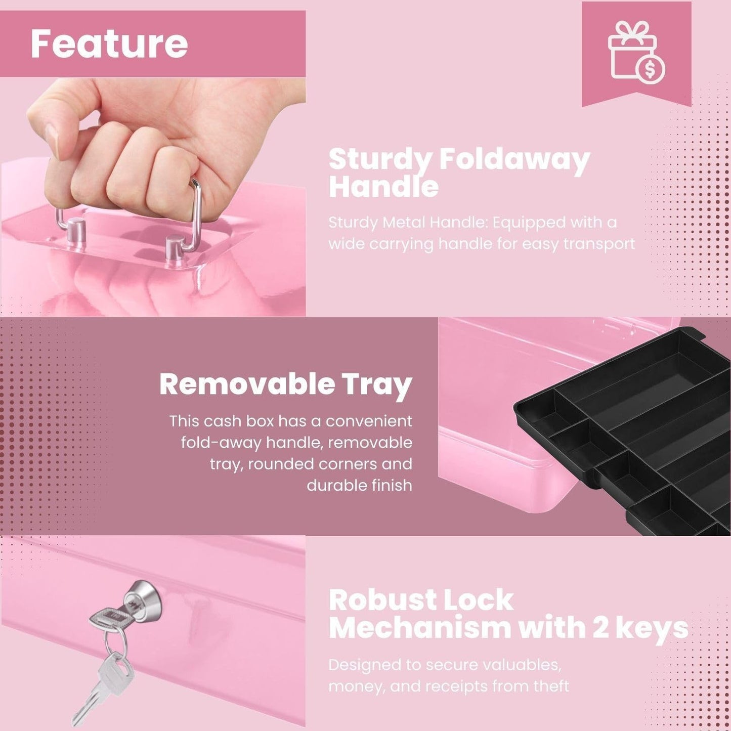 Flexzion Cash Box with Money Tray and Lock - Metal Cash Box for Small Businesses, 9-Compartment Pink Money Box with Removable Tray and Key, Portable Storage for Checks and Coins