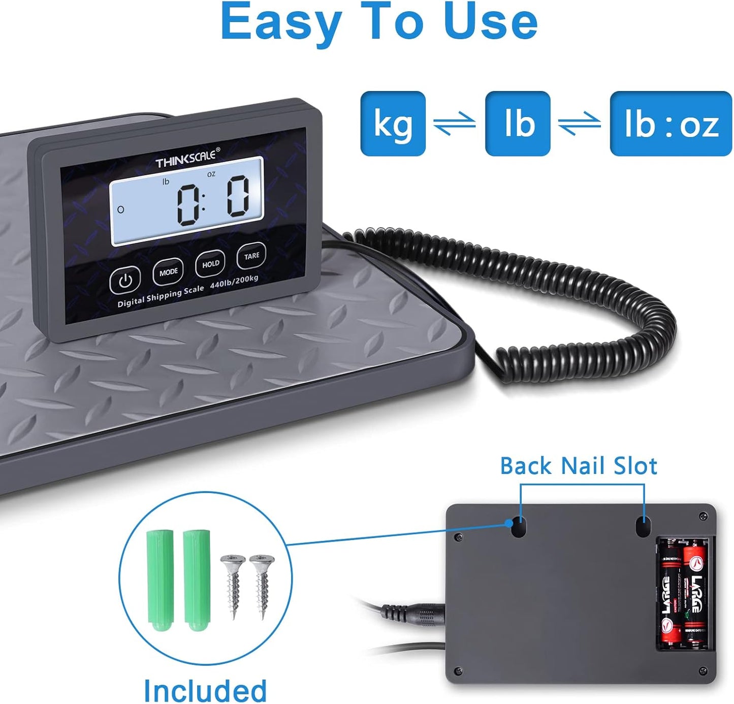 THINKSCALE Shipping Scale, 440 lbs/1 oz Highly Accurate Postal Scale with Hold/Tare/LCD Display, Lightweight Digital Postage Scale for Packages/Luggage/Post Office/Dog, Battery & AC Adapter Included