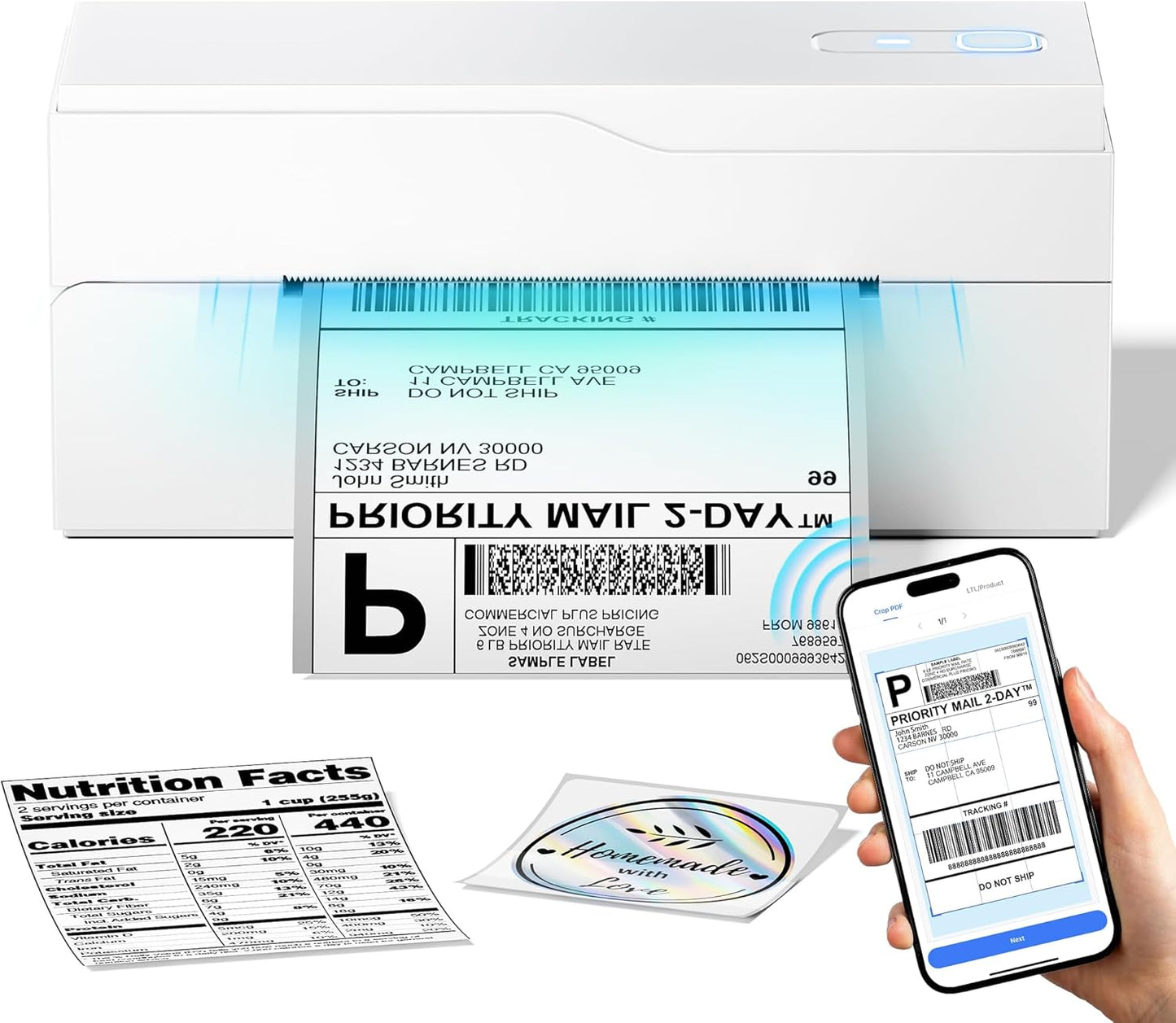 Bluetooth Thermal Label Printer – 4x6 Shipping Label Printer for Small Businesses & Shipping Packages, Compatible with Android, iPhone, and Windows, Ideal for Amazon, eBay, Shopify, Etsy (White)