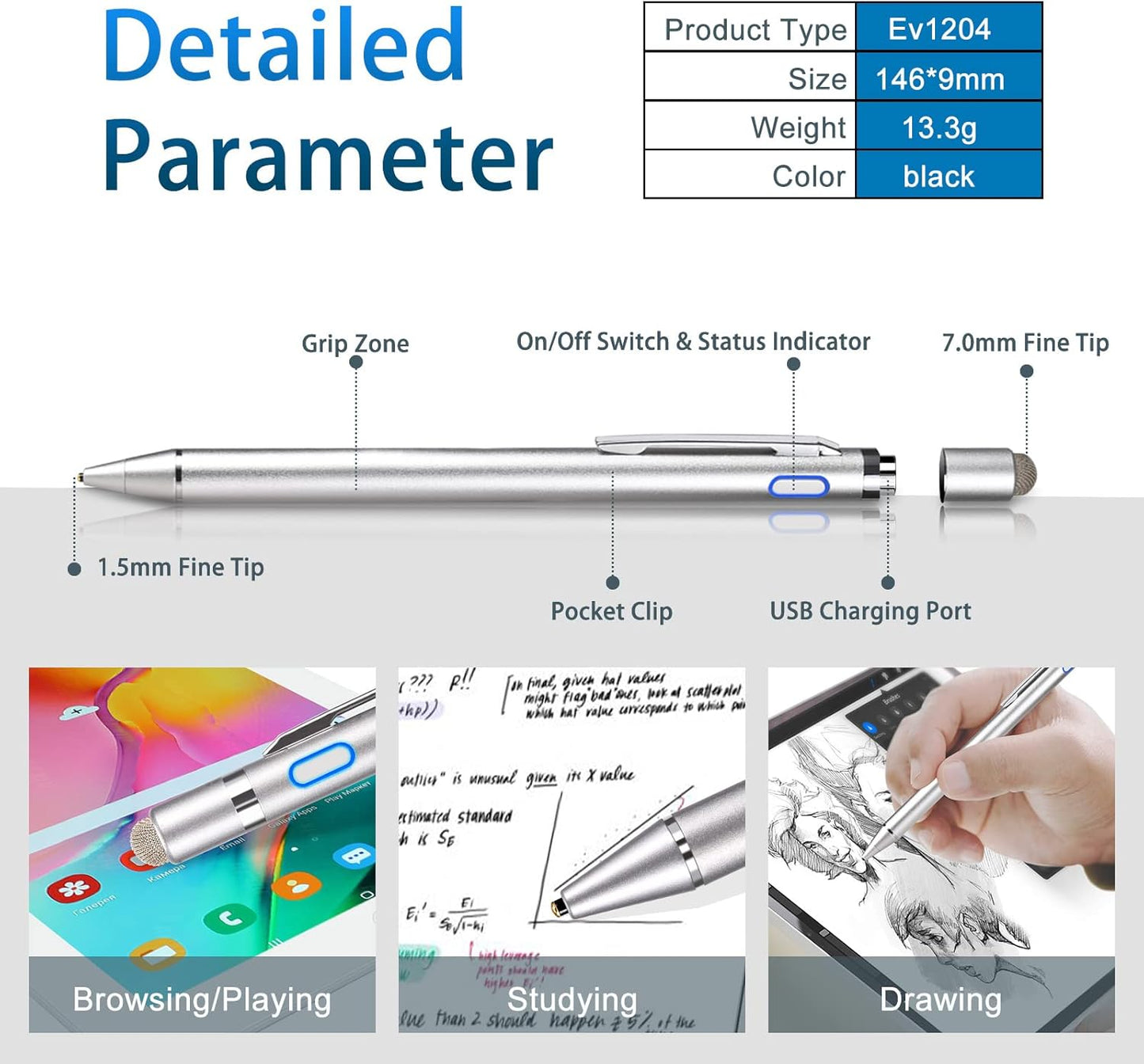 Active Stylus Digital Pen with Ultra Fine Tip Stylus for iPad iPhone Samsung Tablets, Compatible with Apple Pen,Stylus Pen for iPad Pro, Grey