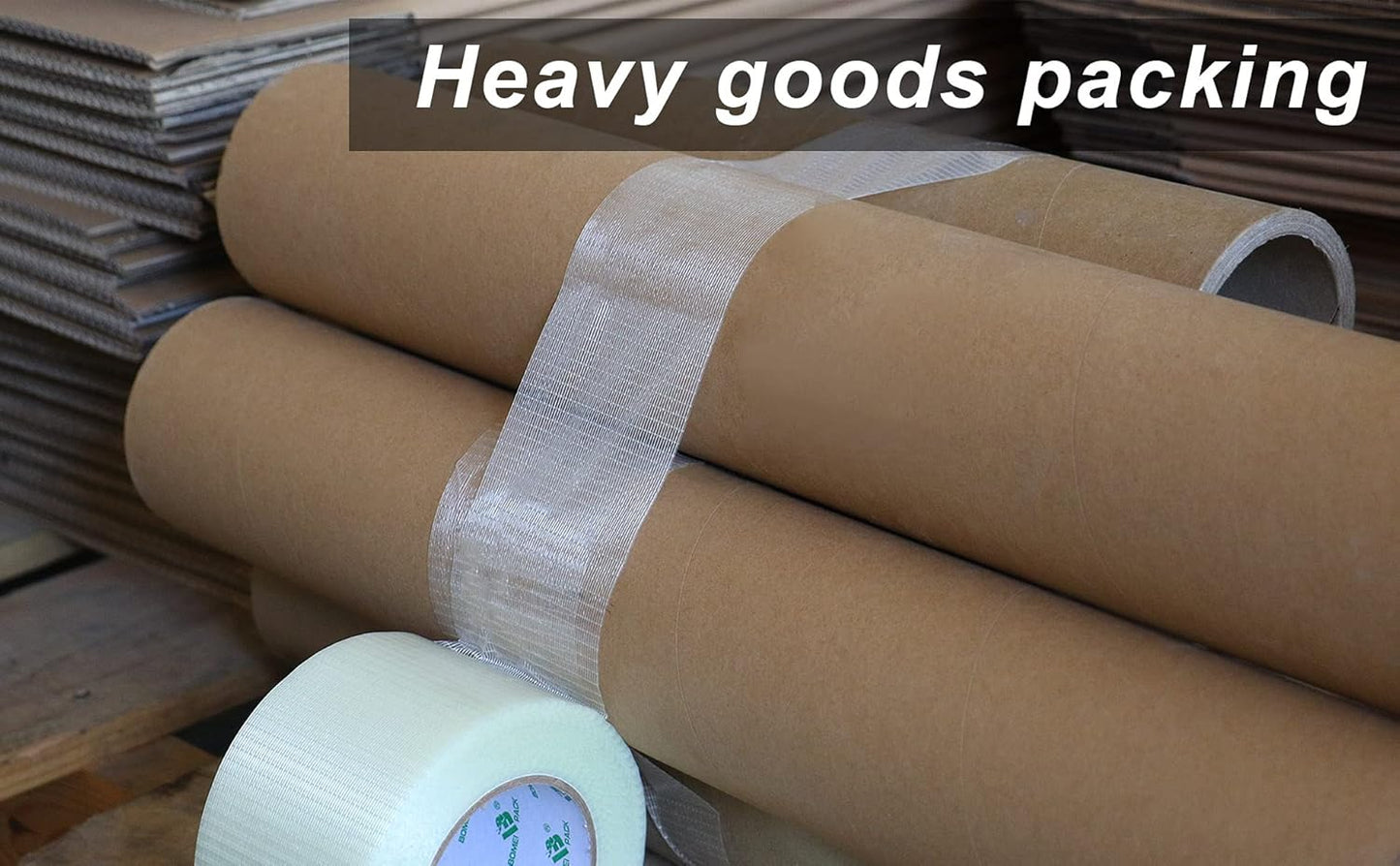 BOMEI PACK Fiber Reinforced Packing Tape, Clear Bi Directional Filament Strapping Tape 3Inch x 55yds 6.7Mil, Total 110yds
