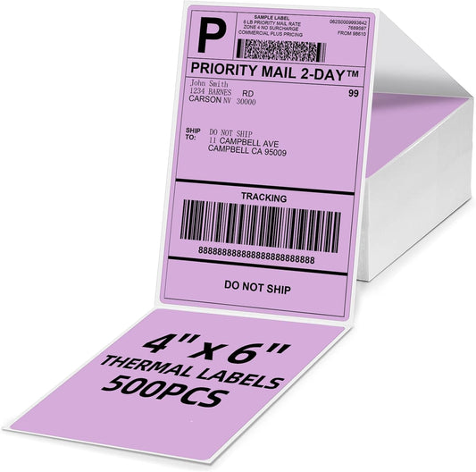 4x6 Thermal Labels, 1 Packs of 500 4x6 Fold Labels Purple - Compatible with JADENS, ASprink, Phomemo, Rollo, Zebra, Omezizy and Other Thermal Printers