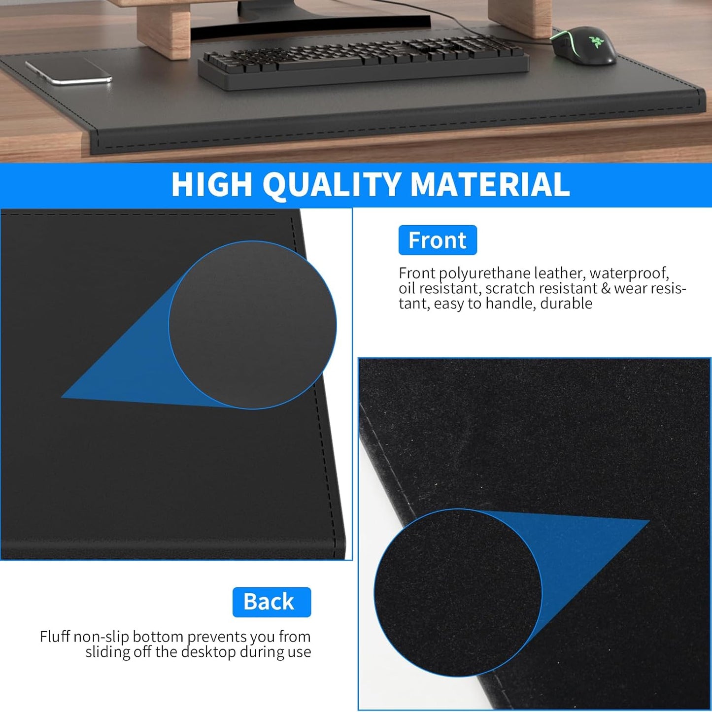 AKOZLIN 27.55”x 15.8" Soft PU Leather Surface Office Desk Mouse Mat Anti-Push Pad with Full Grip Fixation Lip Table Blotter Edge-Locked Protector