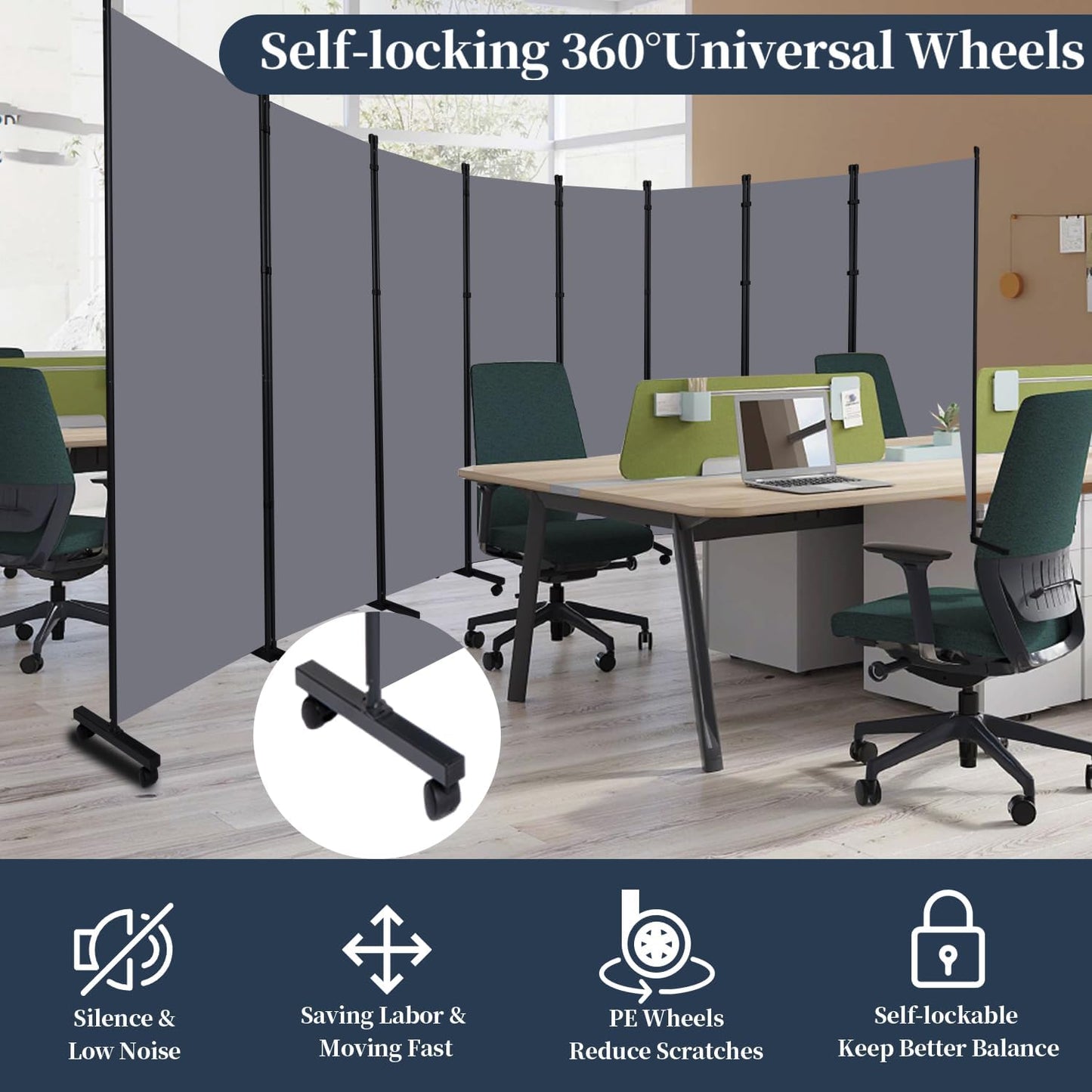Room Divider Folding Privacy Screens with Lockable Wheels, 176'' Fabric Partition Room Dividers Freestanding Room Divider Panel for Room Separation, Wall Divider for Home Office Bedroom Studio Decor