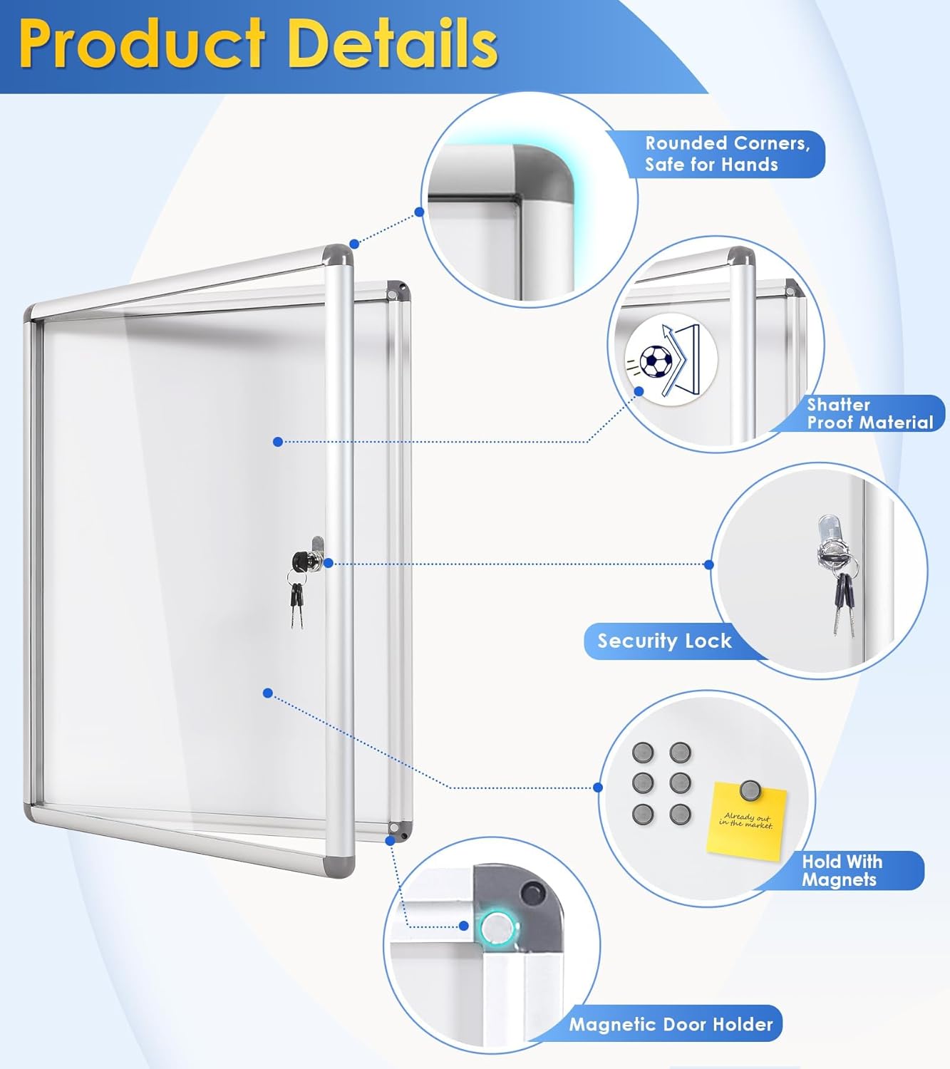 SWANCROWN Enclosed Bulletin Board Magnetic Dry Erase Noticeboard Lockable Display Boards White with Aluminium Frame 26x20inch(4xA4)