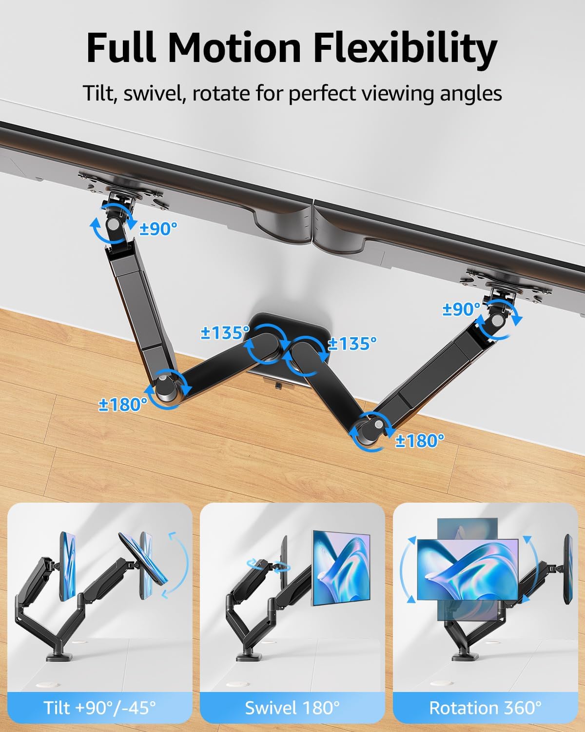 MOUNTUP Dual Monitor Stand for Desk, Pneumatic Monitor Arms for 2 Monitors 32 27 24 22 Inches, Height Adjustable Double Monitor Mount, VESA Mounts with C-Clamp & Grommet Base, Holds 4.4-17.6lbs, Black