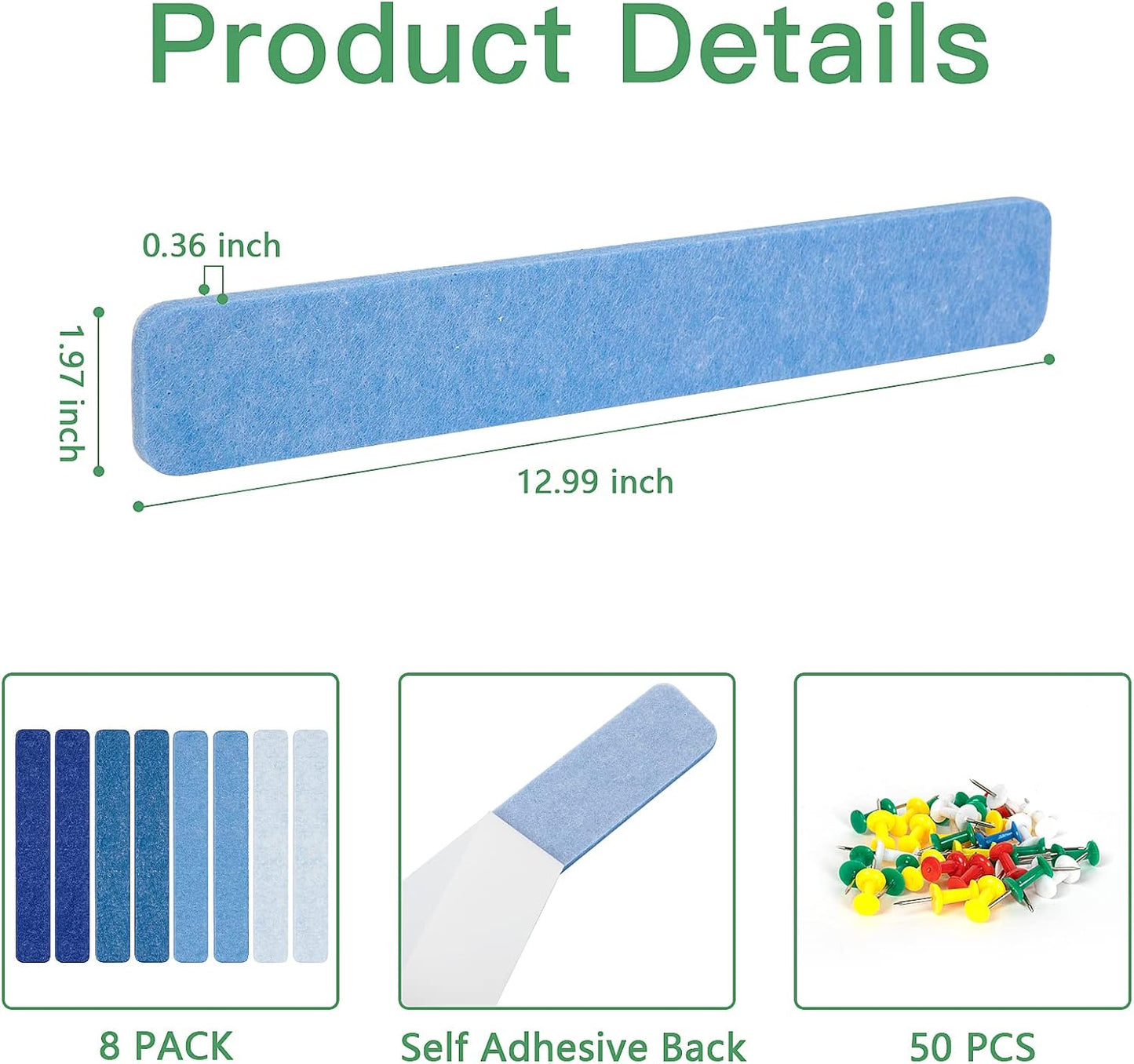 8 Pcs Felt Pin Board Bar Strips Bulletin Board for Bedrooms Offices Home Wall Decoration, Notice Board Self Adhesive Cork Board with 50 Push Pins for Paste Notes, Photos, Schedules (Multi-Blue)