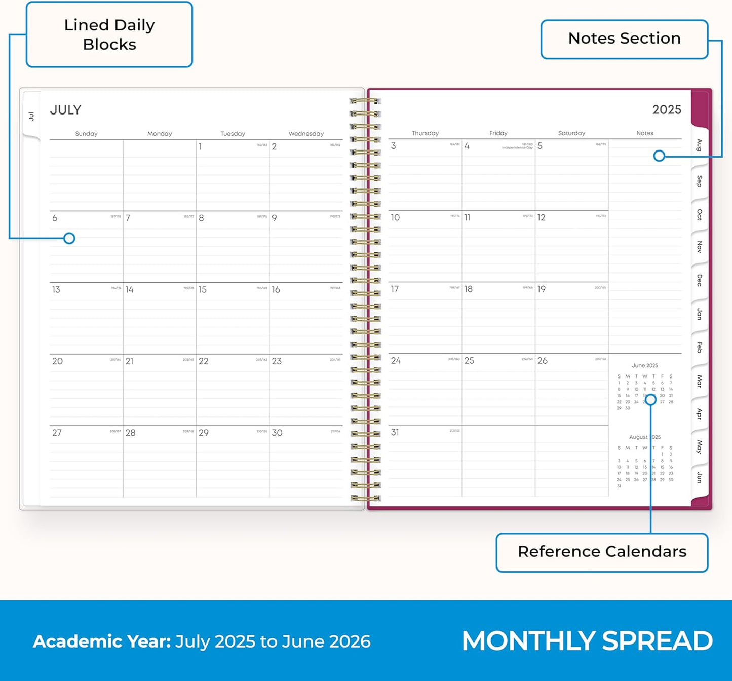 Blue Sky 2025-2026 Weekly and Monthly Academic Year Planner Calendar, July 2025 - June 2026, 8.5" x 11", Flexible Cover, Wirebound, Storage Pocket, Laminated Tabs, Roosevelt Pink