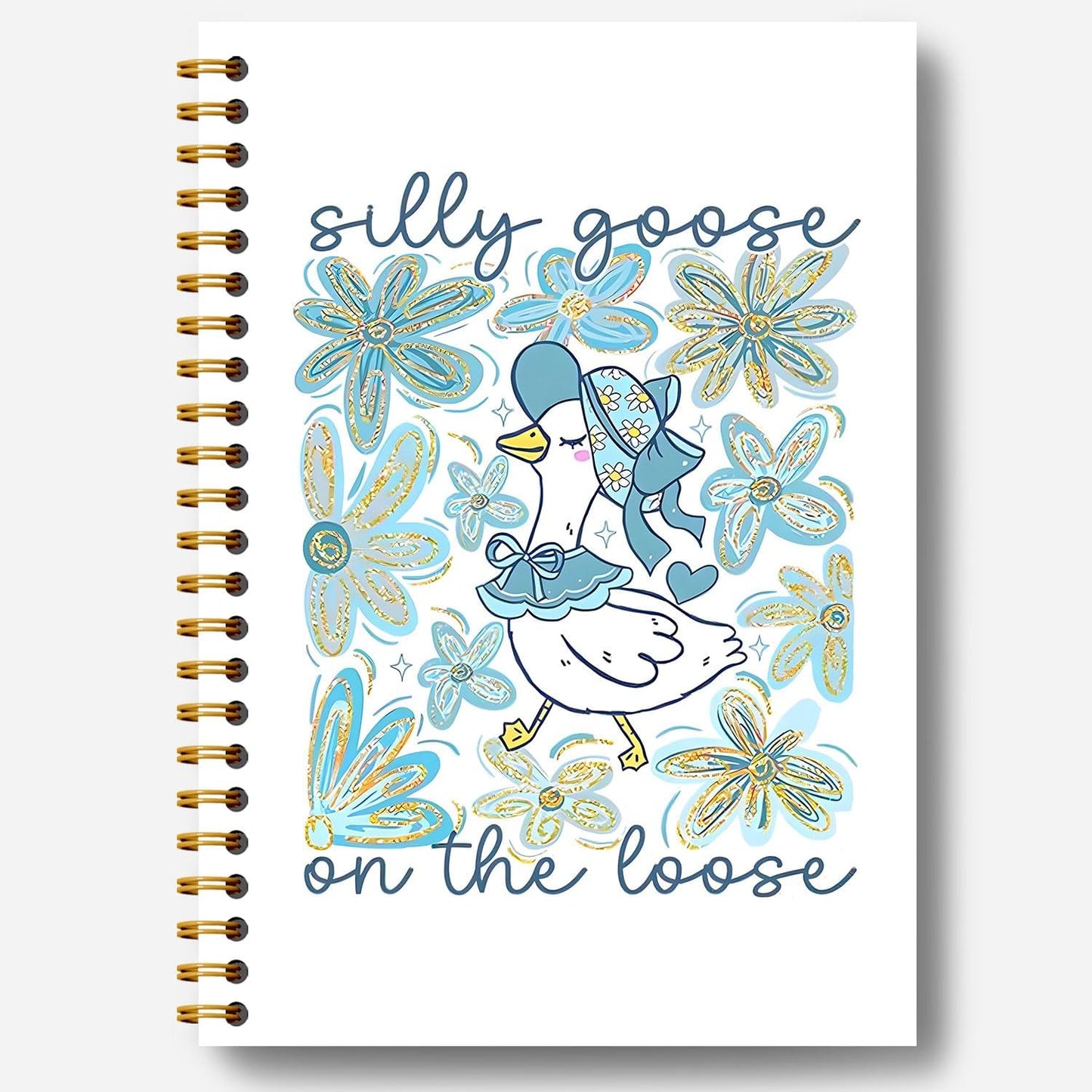 Guymn Blue Boho Floral Goose Notebook, Glitter Cute Goose Journal for Kids Girls, Geese Animal Lover Gifts Hardcover Spiral Notebooks Journals 5.5x8.3 Inch