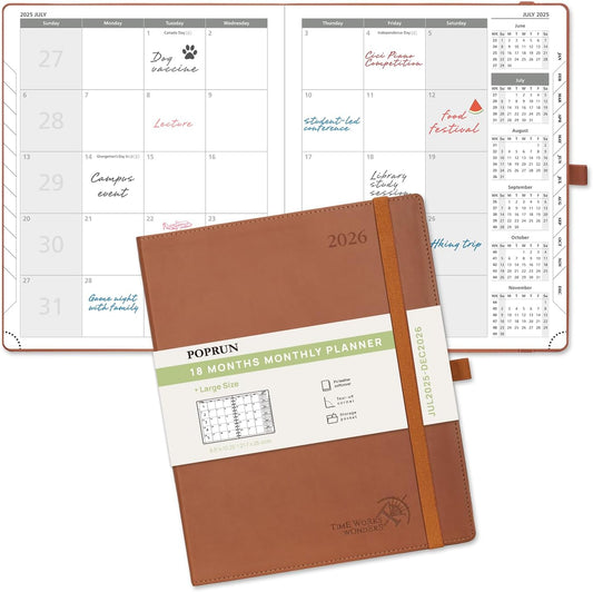 POPRUN Monthly Planner 2025-2026 (Large- 8.5" x 10.5" Soft Cover), 18-Month Calendar Book (Jul.2025-Dec.2026), Calendar Planner with Monthly Tabs & Pocket, 100 GSM Paper - Brown