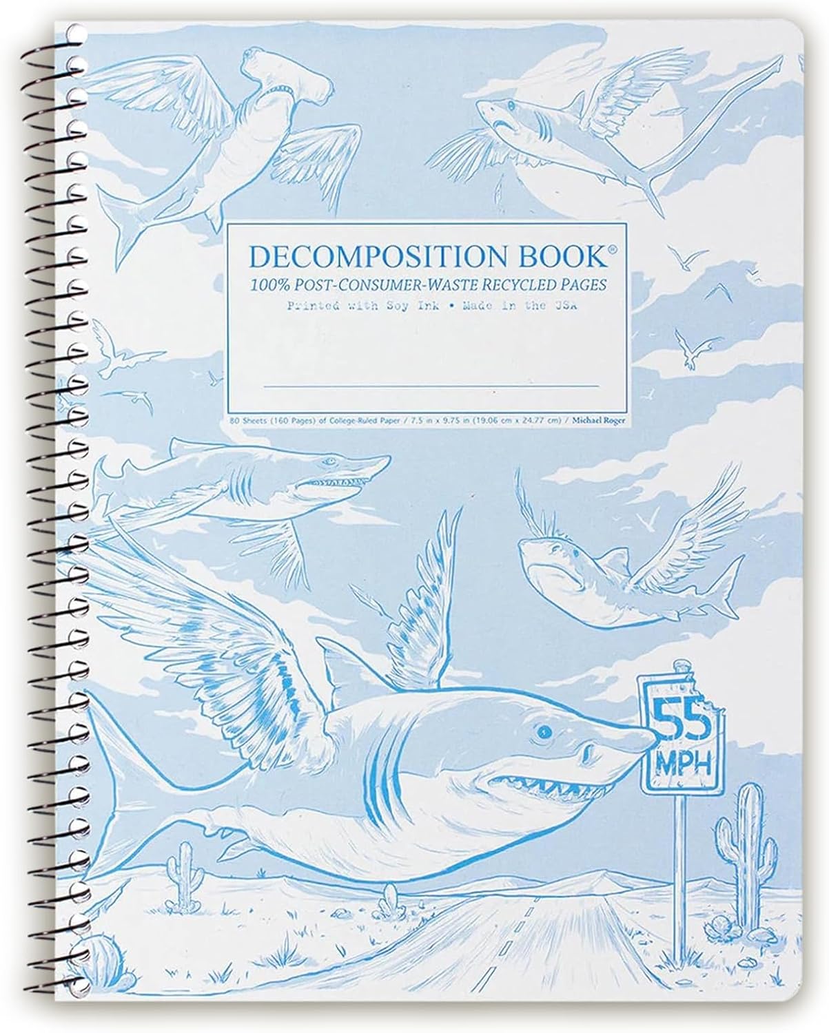 Decomposition Flying Sharks College Ruled Spiral Notebook - 9.75 x 7.5 Journal with 160 Lined Pages - 100% Recycled Paper - Notebooks for School Supplies, Home & Office - Made in USA