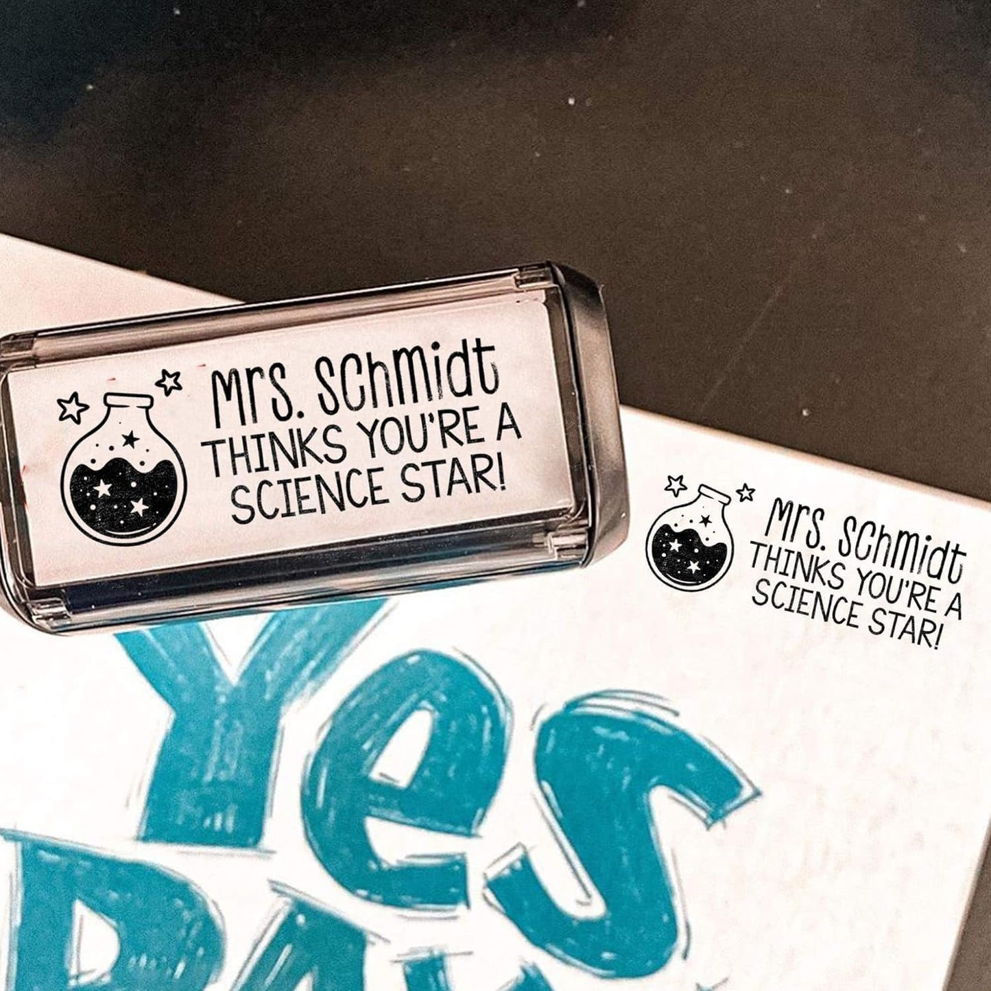 Custom Self-Inking Teacher Stamps | 49 Designs | Fun Phrases | Grading Made Easy | Classroom and Library Book Stamps (Science Star, Xtra Wide)