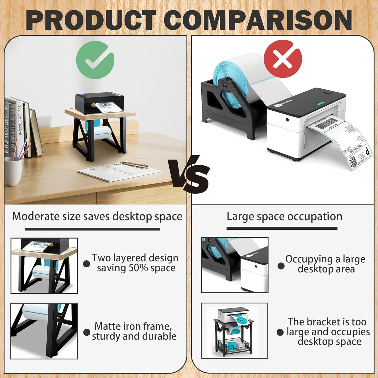 Label Holder for Thermal Printer,Sticker Rolls and Fan-fold Dispenser Holder,Wooden Label Holder for Shipping Label Printer,Office Accessories for Home,Small Business,Warehouse (Log Color)