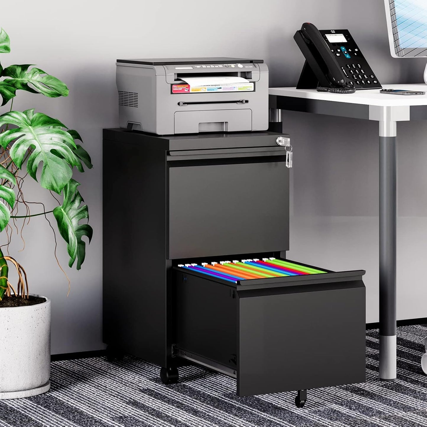 MIIIKO 2 Drawer File Cabinet on Wheels, Home Office Mobile Under Desk with Lock, Vertical Files Drawers for Legal/Letter/A4,Fully Assembled
