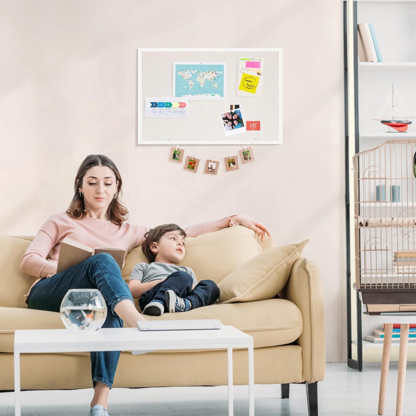 OWLKELA 20'' x 30'' Linen Bulletin Board, White Framed Corkboard, White Oak Frame Linen Cork Board, Vision Board and Decorative Hanging Pin Board