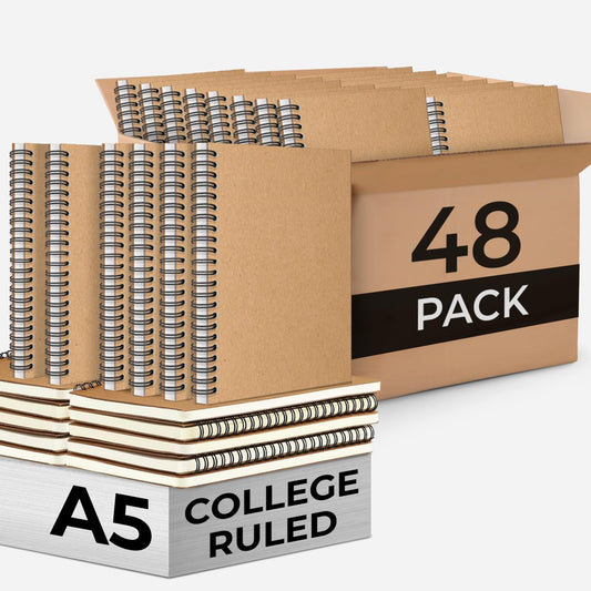 48 Pack Kraft Spiral Notebook, A5 College Ruled, 5.8 x 8.3, 120 Pages (60 Sheets), 100 GSM Thick Paper, Hardcover Planner Notebooks, Travel Writing Journals, Bulk Home Office School Supplies