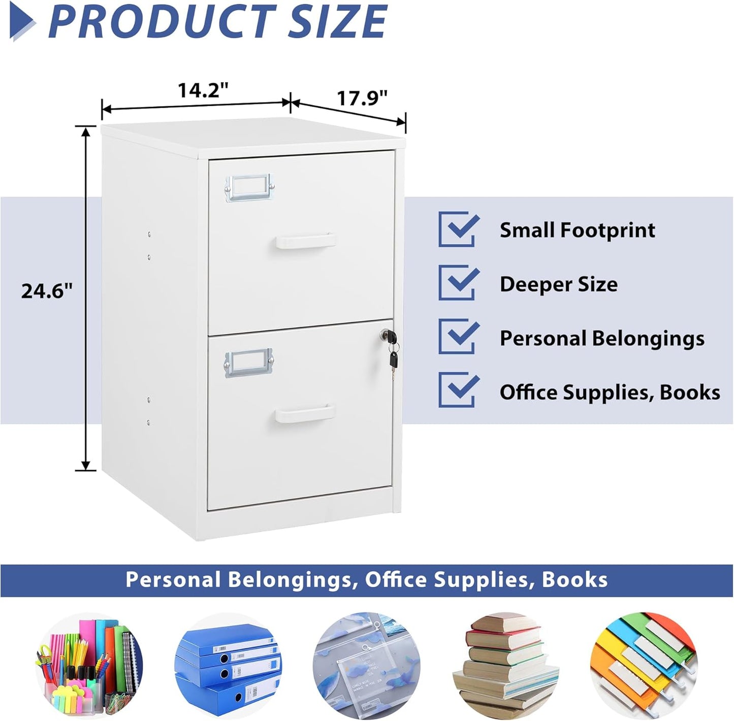 2 Drawer Vertical File Cabinet with Lock, White Metal, Under Desk, Easy Assemble